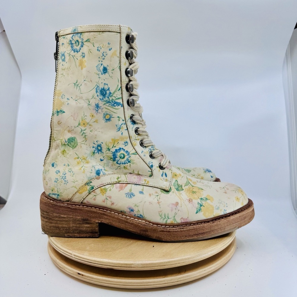 Free People Santa Fe Leather Boots Shoes 41 10 Boho Western Moto floral ivory - Picture 3 of 8